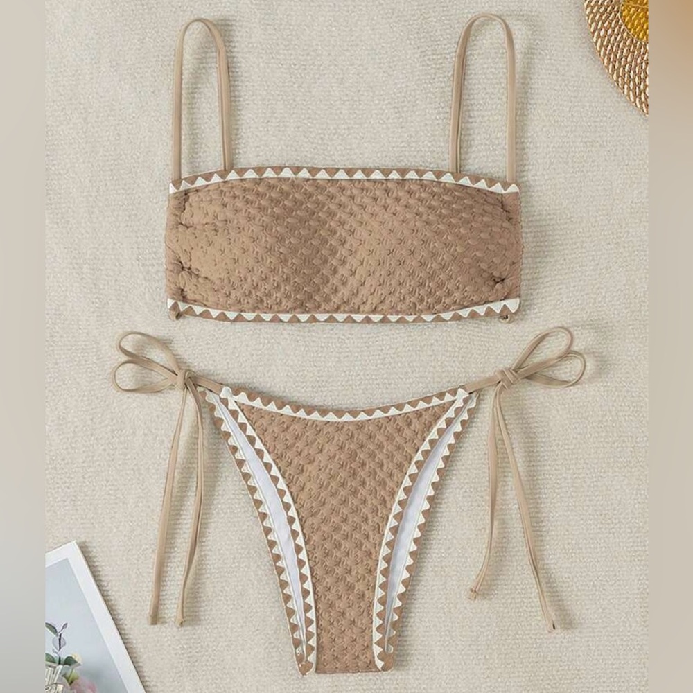 SHEIN Sawtooth Trim Textured Bikini Set, Khaki/Tan, Size L, NWOT
